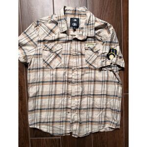 MLB x Darius Rucker Milwaukee Brewers Plaid Western Snap Shirt Mens Large Tan